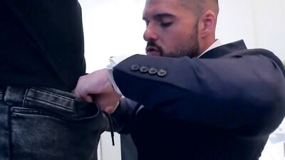 Hunk in a suit deepthroats rough and takes a banging