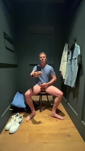 Risky Fitting Room Wank: Next Cubicle Guy Hears Me Cumming - Huge Cumshot