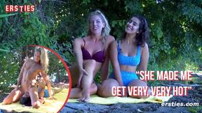 Amateur lesbian friends make out and finger each other in secluded outdoor spot