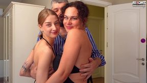 backstage! guy piss on slutty mom oksana katysheva and petite girl sasha paige in hard 3some fuck!