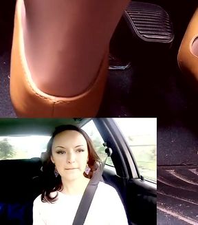 Driving in Leather Pointing Pumps and Nude Stockings