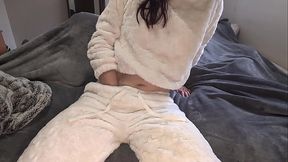 cute slut in fuzzy pajama outfit fingering orgasm