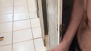 Wooly alpha masculine with a yam-sized rock hard spunk-pump in the dudes's shower.