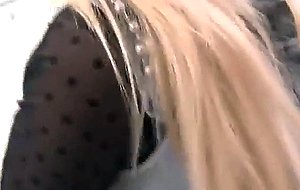 Blond girl public spermawalk shoping
