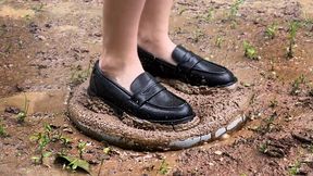 Loafers crushing pillow in mud, shoes in mud, muddy crush, loafers in mud