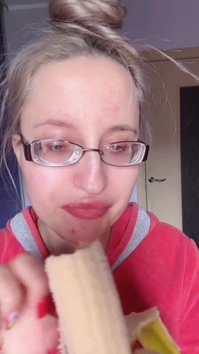 Asmr Eating Banana Pink Lipstick - Lip Fetish Food Fetish Lipstick Eyeglasses