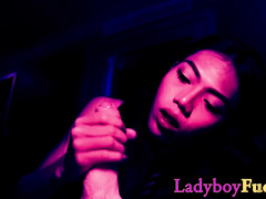 Thai shemale gave a perfect blowjob after passion posing for white friend