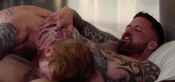Muscular DILF fucks ginger lover in the ass and comes on his face