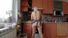 Sexy mom prepares breakfast, hairy pussy, big tits. Sexy wife cleans the house, hairy pussy, big ass.