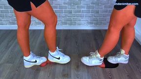201. Goddess Amber & Miss Lucy - Pressing Your Face, Cock & Balls Flat Under Plexiglass & Our Nike Jordans - Leg Cam - Trample Trampling CBT Ballbusting Facebusting Crushing Crush Shoes Foot Feet Trainers Trainer Fetish
