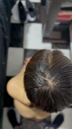 A large amount of cum in his hair and combs it