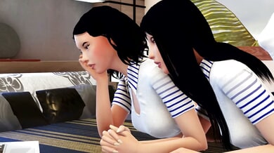 Two Japanese lesbians explore each other intimately on a patterned bed