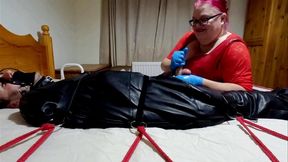 Full video of Miss M slow edging, post orgasm and polishing in leather bondage sack