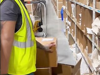 Flirty warehouse worker sucks her co-workers wang after work