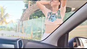 Men reveal their hard cocks to a hot woman in a risky scenario.