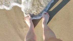 Topless at the beach walking and naked pee