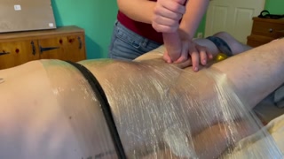 Intense Post Orgasm Stroking while he’s Bound to the Table