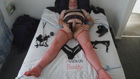 beddy cumshot dressed in red fishnets