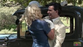 a blonde lady seduced him outdoors and rode his cock in her sexy lingerie