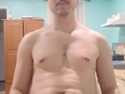 Handsome doing breathing excercises with flaccid cock