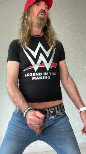 Longhairdude Wanks and Cums in Skinny Jeans, Tight T-shirt, Red Baseball Cap, Adidas Trainers
