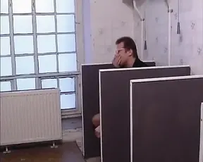 Slim teen gives blowjob in the men's toilet