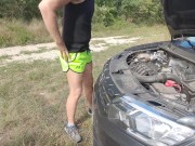Car trouble makes twink get naked and covered in oil, sweat and cum
