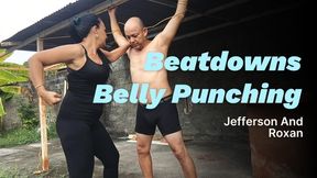 Tied man receives blows in the mouth of the abdomen (T)