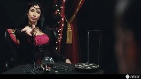 Aroused brunette soothsayer devours huge cock in mystery blowjob scenes