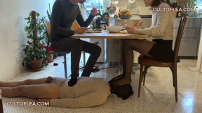 Cuckold human furniture: Domestic Slave Servitude and footrest for Goddess Lea & Her Boyfriend during lunch