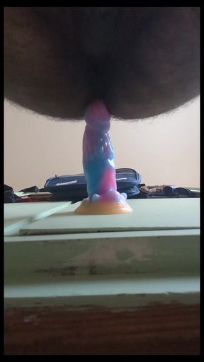 Crossdresser sissy showing new silk nighty and sucked dildo and fucked by colourful beautiful big dildo