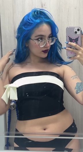 Blue hair, black and white striped swimsuit