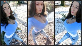 Cute crossdresser cold winter walk in nature