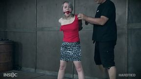 Kinky dude with vibrator punishes tied up teen Bambi Belle with ball gag in her mouth