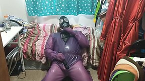 Latex jelly loose purple body suit over swimsuit gasmask breathplay vibrator play