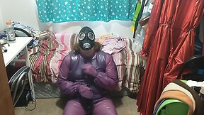Latex jelly loose purple body suit over swimsuit gasmask breathplay vibrator play