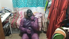 Latex jelly loose purple body suit over swimsuit gasmask breathplay vibrator play