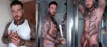Tatted BWC Hunk Jerks Off In The Shower