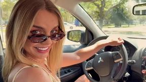 Blonde driver performs oral act in parked car