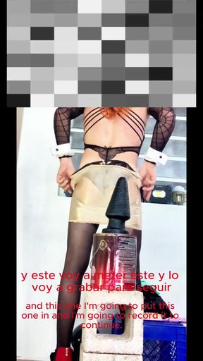 TS Croosdresser Tiny Shemale Beautiful Ass in Lingerie Stockings Riding Huge Black Dildo