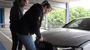 Blond babe deepthroats and gets fucked in a public parking garage