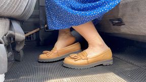 shoe play with sweaty feet while waiting in the car in vintage beige loafers aV