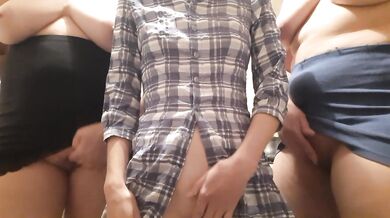 Three students masturbate in the shared kitchen of the dorm and quickly cum with loud moans