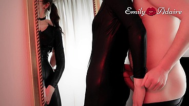 Daddy fucks my tight tgirl ass in front of the mirror in my leather catsuit - TS Emily Adaire