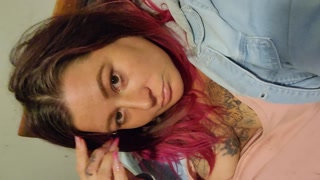 Short tattoo pink hair in Jean jacket closeup Lippy pussy teaser