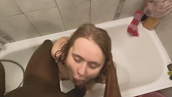 fat ass blonde sucks off in the bathroom