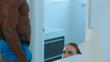 Dirty minded babe is sucking two big black dicks and moaning from pleasure while geting doublefucked