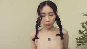 Pigtailed Asian girl with small cans gets a sticky reward after a nice fuck