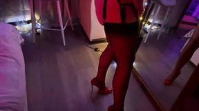 Vintage mistress dominates with red leather belt, receives sloppy blowjob and rough fucking