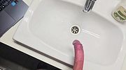 Happy guy wrinkles his big dick in the bathroom while everyo